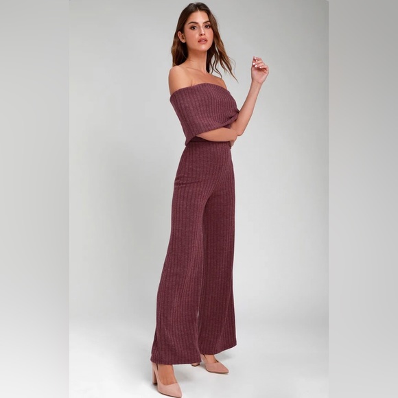 Lulus Always Styling Washed Burgundy Off-the-Shoulder Ribbed Jumpsuit - Picture 4 of 13